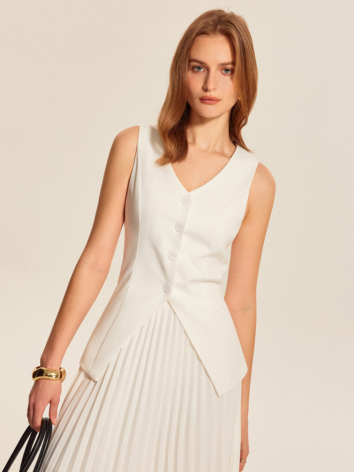 Düğmeli Yelek Pileli Etek Takımı