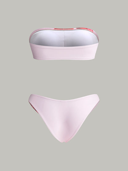 Çiçek Desenli Bandeau Bikini ve Üst Etek