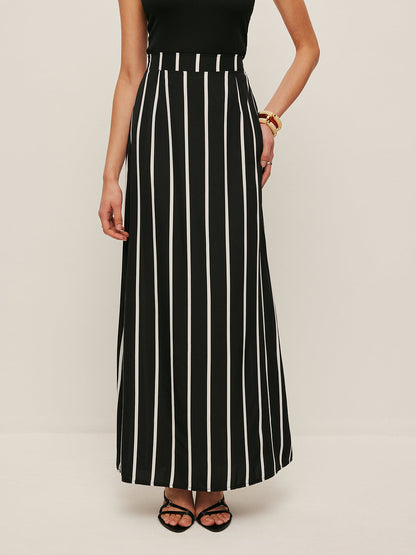 Yüksek Yaka Asimetrik Panel Çizgili Etek Takımı