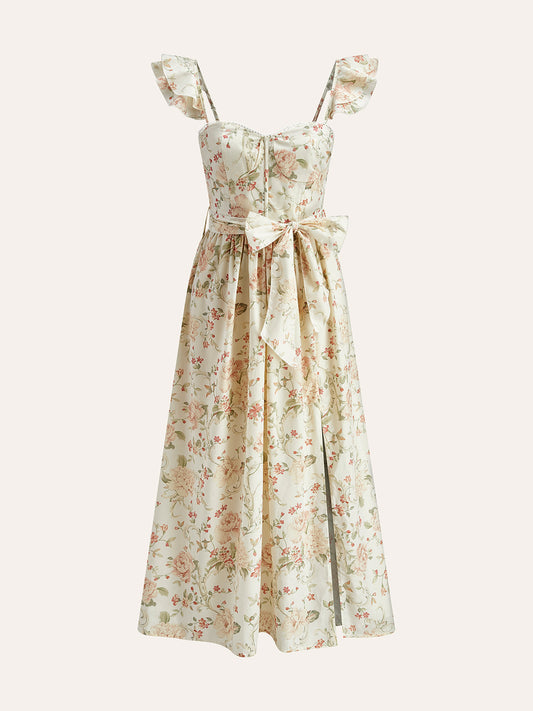 Volanlı Askılı Belden Bağlamalı Çiçek Desenli Elbise