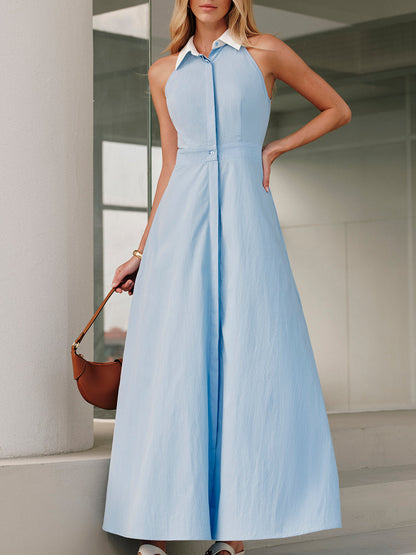 Düğmeli Kolsuz Yaka Elbise