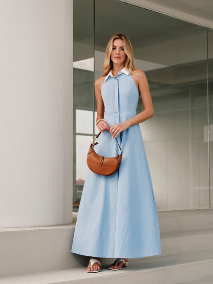 Düğmeli Kolsuz Yaka Elbise