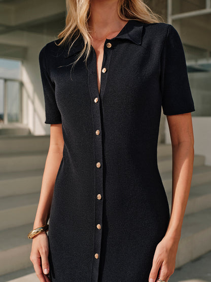 Metal Düğmeli Yaka Midi Elbise