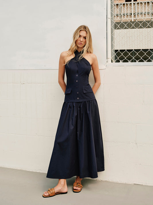 Askılı Çapraz Yaka Fermuarlı Dekor Cepli Elbise