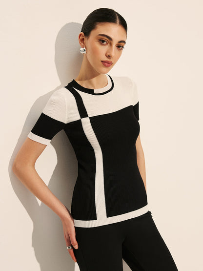 Renk Bloklu Ribana Örgü Üst
