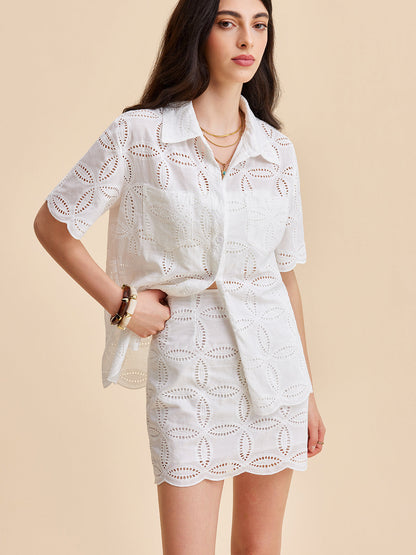 Yarı Şeffaf Pamuklu İğne Oyası İşlemeli Etek Takımı