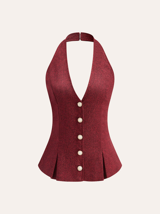 Halter Yaka İnci Düğmeli Üst