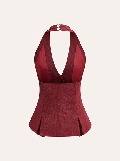 Halter Yaka İnci Düğmeli Üst