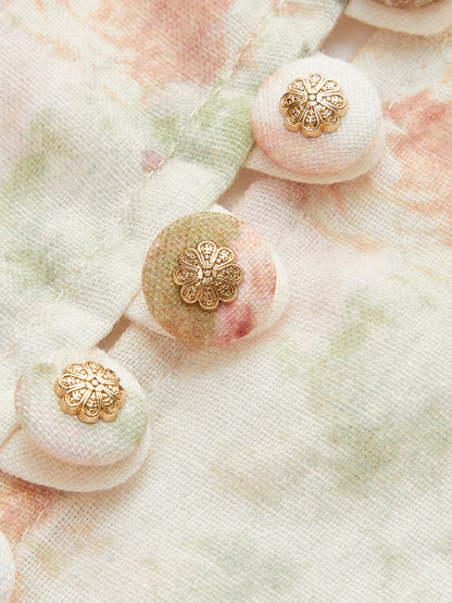 Pamuk ve Keten Puf Kollu Çiçekli Kemerli Elbise