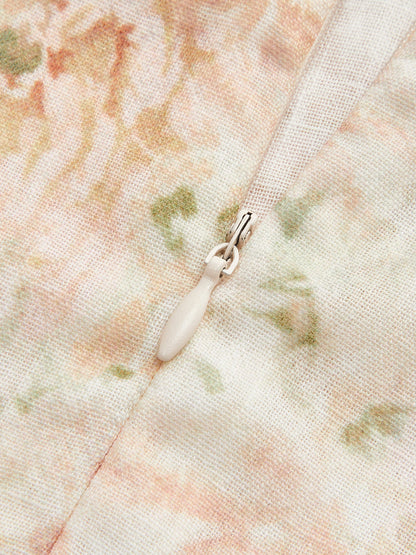 Pamuk ve Keten Puf Kollu Çiçekli Kemerli Elbise