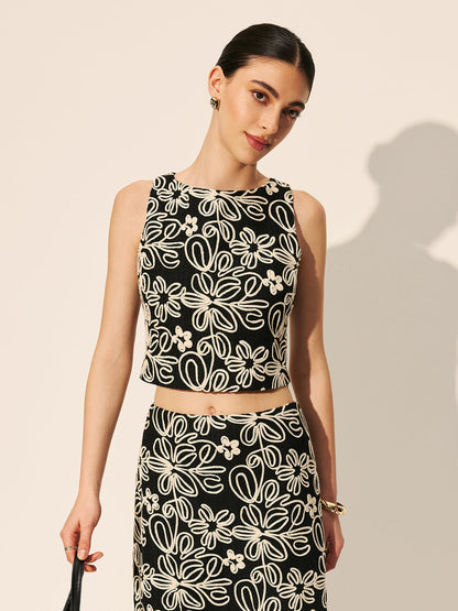 Anahtar Deliği Sırtlı Çiçek İşlemeli Kısa Üst