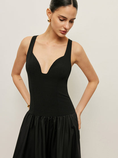 Çapraz Sırtlı Kontrast Kumaş Elbise