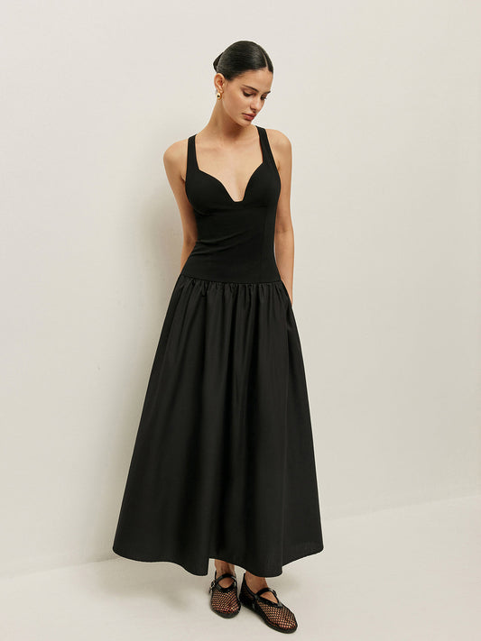 Çapraz Sırtlı Kontrast Kumaş Elbise