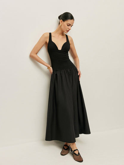 Çapraz Sırtlı Kontrast Kumaş Elbise