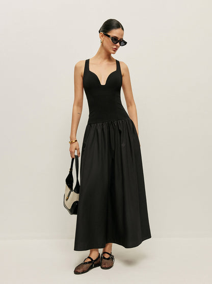 Çapraz Sırtlı Kontrast Kumaş Elbise