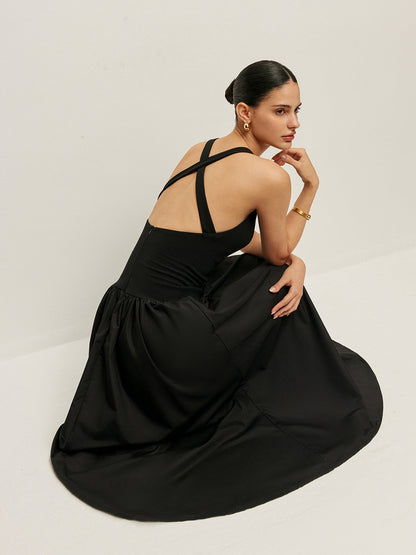 Çapraz Sırtlı Kontrast Kumaş Elbise