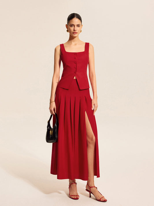 Pamuk ve Keten Pileli Yırtmaçlı Etek