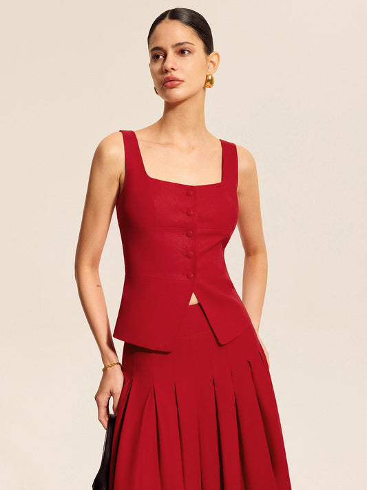 Pamuk ve Keten Kare Yaka Yelek Üst