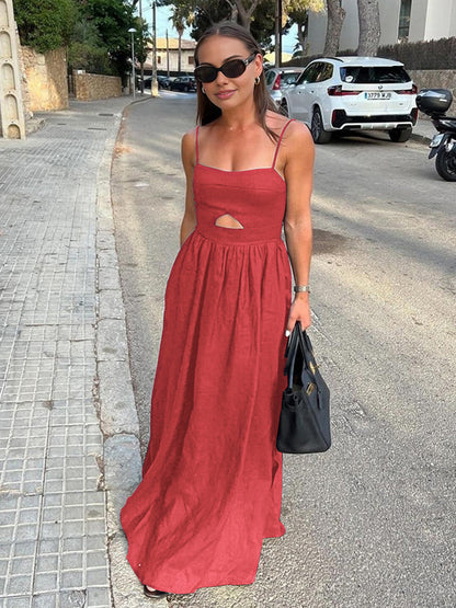 Pamuklu Kolsuz Cepli Kesik Uzun Elbise