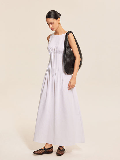 Pamuk ve Keten Pileli Kolsuz Elbise