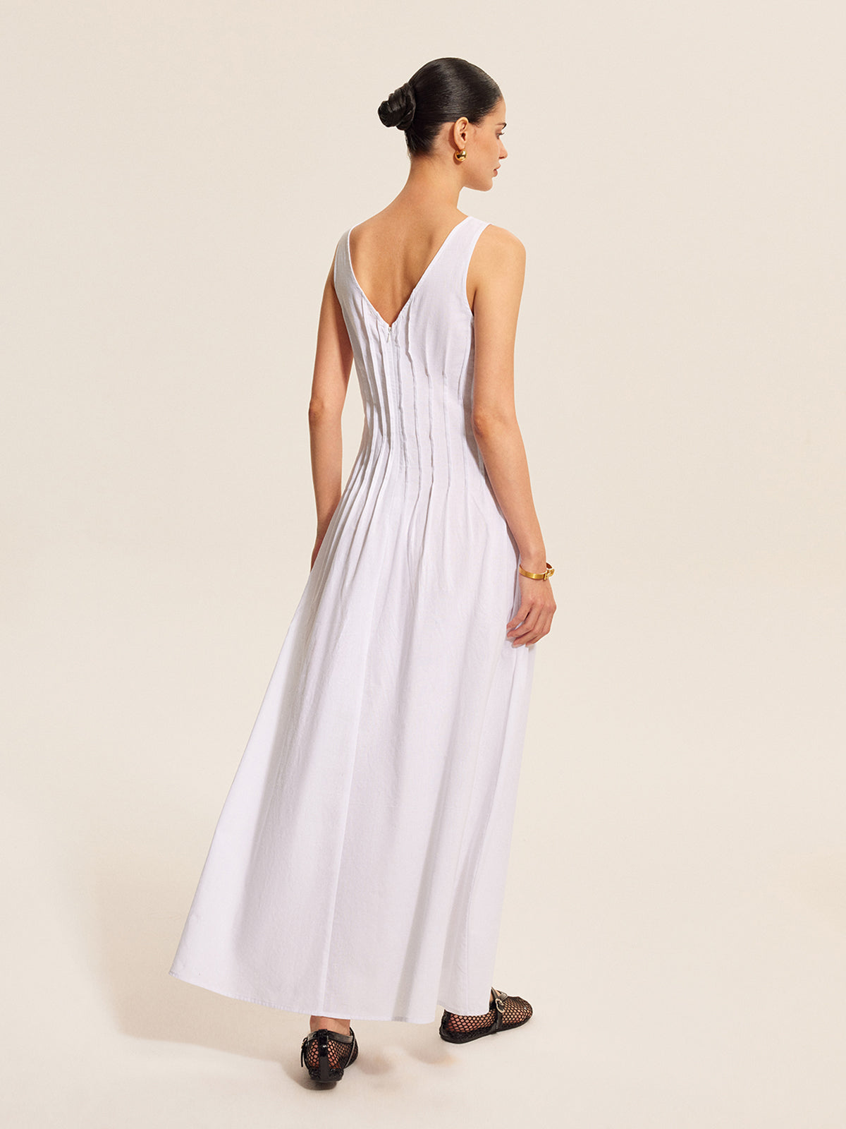 Pamuk ve Keten Pileli Kolsuz Elbise