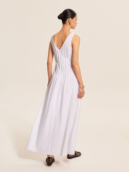 Pamuk ve Keten Pileli Kolsuz Elbise