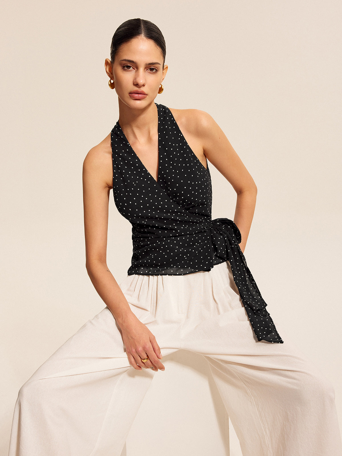 Polka Dot Wrap Tie Halter Top