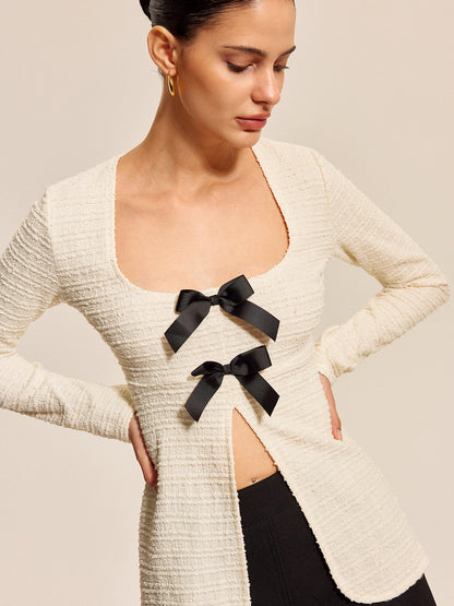 Fiyonklu Önü Dokulu Uzun Kollu Üst