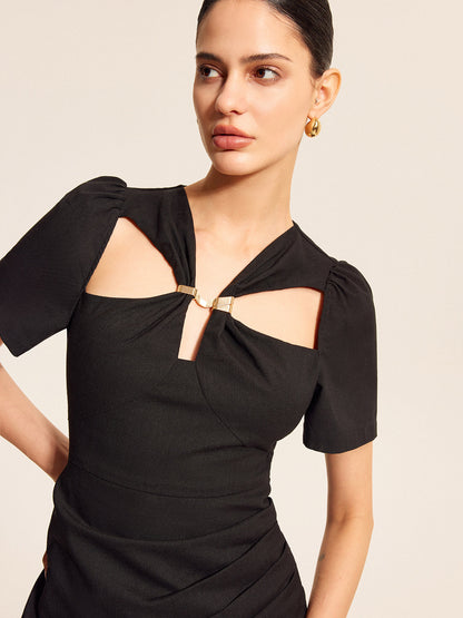 Pamuk ve Keten Kesikli Puf Kollu Elbise