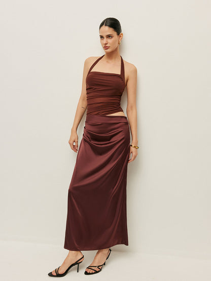 Büzgülü Halter Yaka Kesim Detaylı Elbise