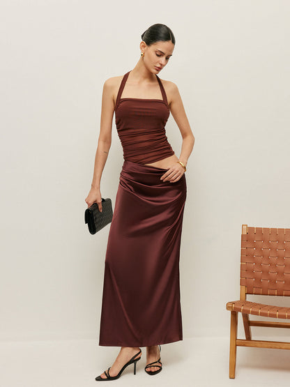 Büzgülü Halter Yaka Kesim Detaylı Elbise