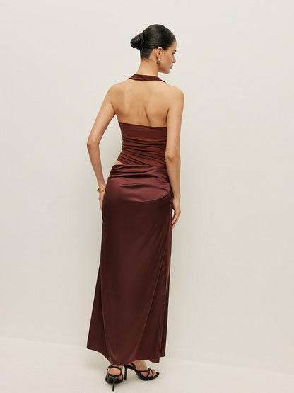 Büzgülü Halter Yaka Kesim Detaylı Elbise