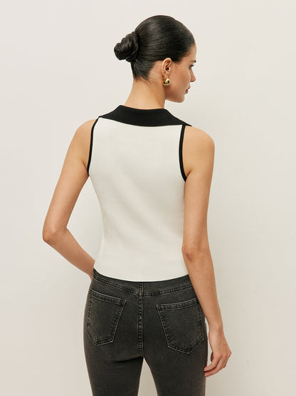 Kontrast Kesim Yakalı Düğmeli Örgü Yelek