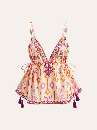 İşlemeli Boho Püsküllü Bağcıklı Atlet