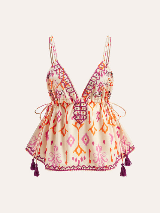 İşlemeli Boho Püsküllü Bağcıklı Atlet