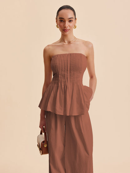 Pamuklu Pileli Straplez Peplum Üst