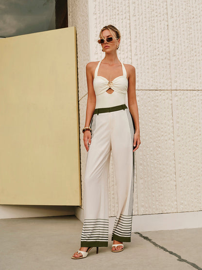 Çizgili Baskılı Fermuarlı Orta Bel Pantolon