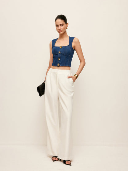 Pamuklu Kare Yaka Düğme Detaylı Kot Üst