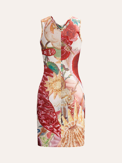 Zincir Detaylı Düğüm Ön Baskılı Elbise