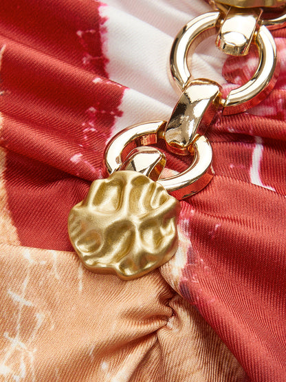 Zincir Detaylı Düğüm Ön Baskılı Elbise