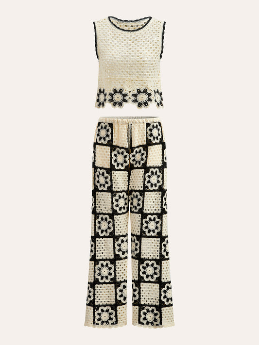 Tığ İşi Çiçekli Üst ve Pantolon Takımı