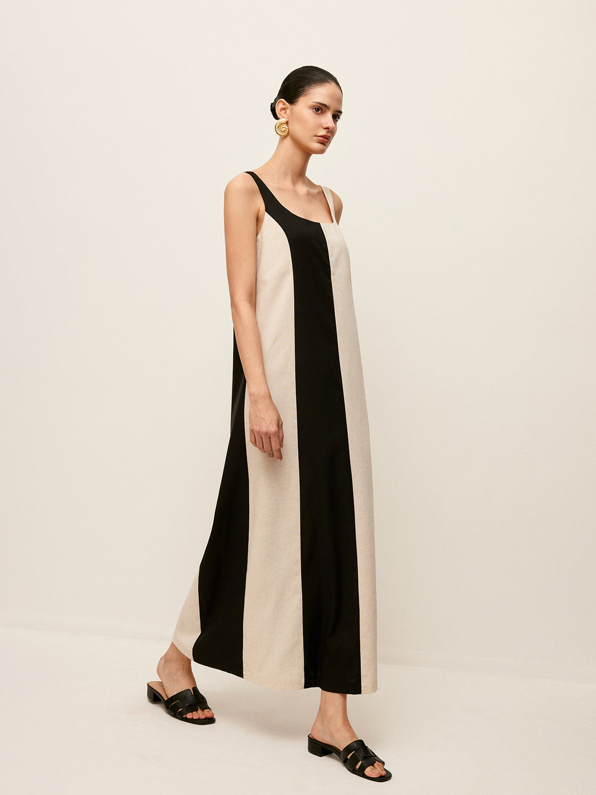 Pamuk ve Keten Çizgili Kolsuz Elbise