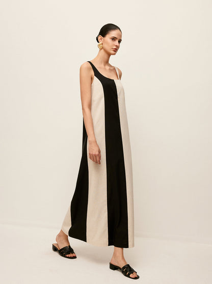 Pamuk ve Keten Çizgili Kolsuz Elbise