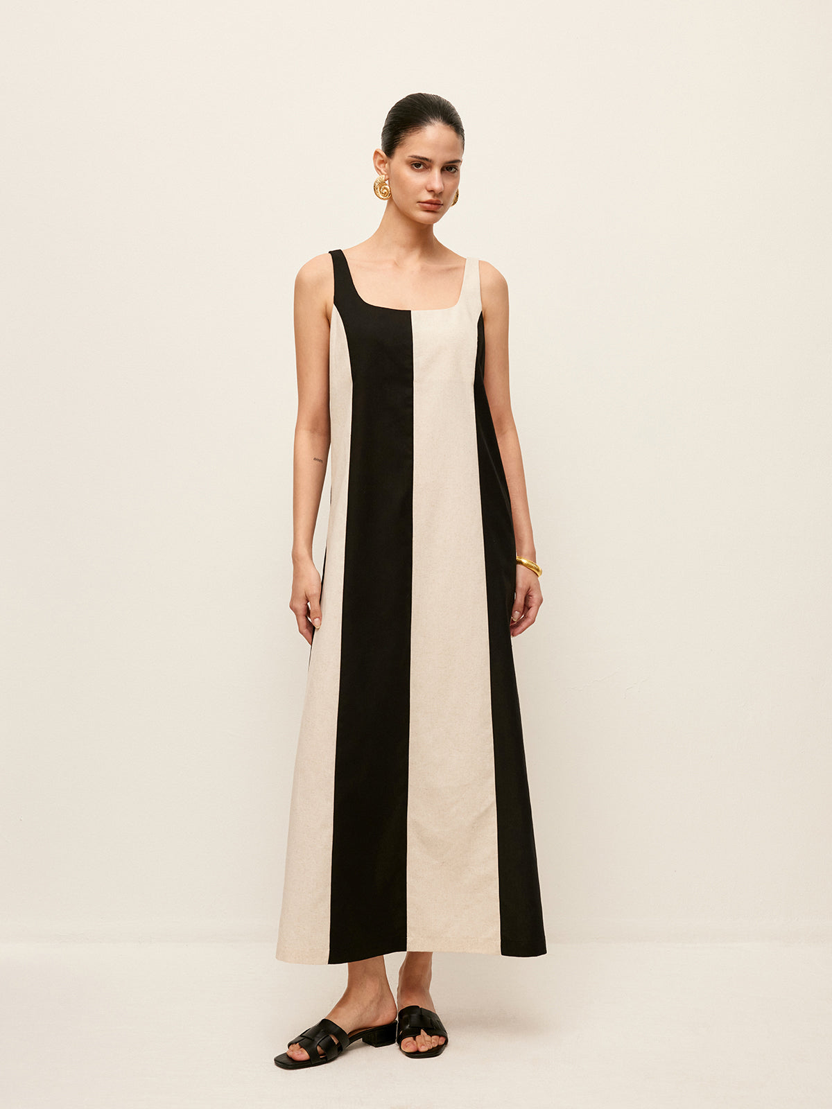 Pamuk ve Keten Çizgili Kolsuz Elbise