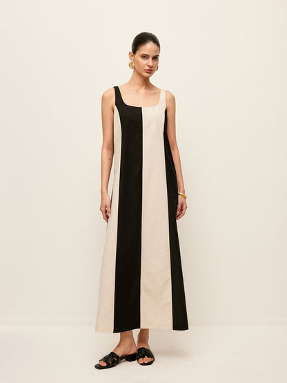 Pamuk ve Keten Çizgili Kolsuz Elbise