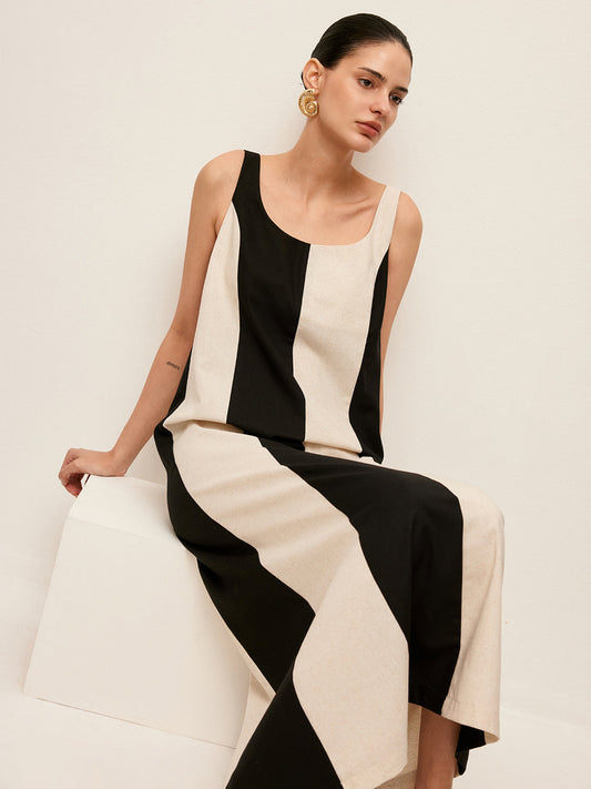 Pamuk ve Keten Çizgili Kolsuz Elbise