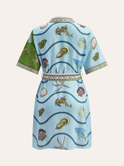 Düğmeli Yaka Su Desenli Kemerli Gömlek