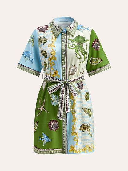 Düğmeli Yaka Su Desenli Kemerli Gömlek