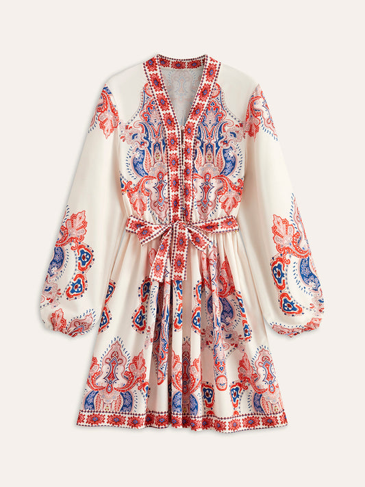 Çiçek Desenli Düğmeli Kemerli Elbise