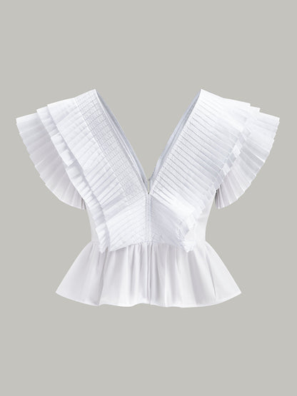 Pileli V Yaka Düğme Detaylı Üst